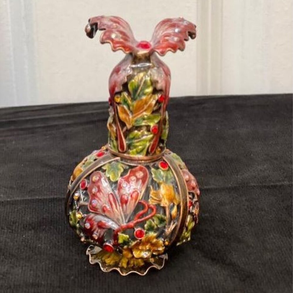 Butterfly Cloisonne Perfume Bottle in Red and Pink with a Floral Motif Design - Picture 2 of 7